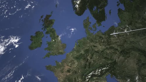 Airplane Flying to Manchester United Kingdom on the Map