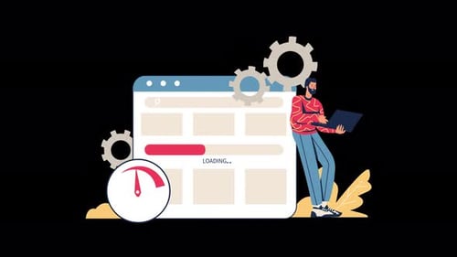 Man with laptop in casual attire near a loading interface.