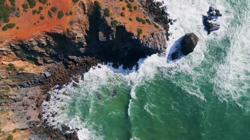 Cinematic Scenic Rocky Shore Over Stormy Foaming Ocean Drone Marine Landscape