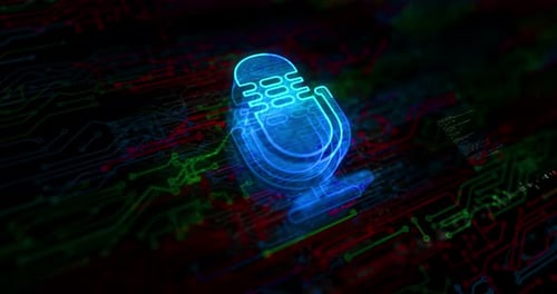 Glowing Neon Microphone Icon on Futuristic Circuit Board