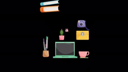 Office Work Desktop Elements Falling to Down Alpha Channel 4K