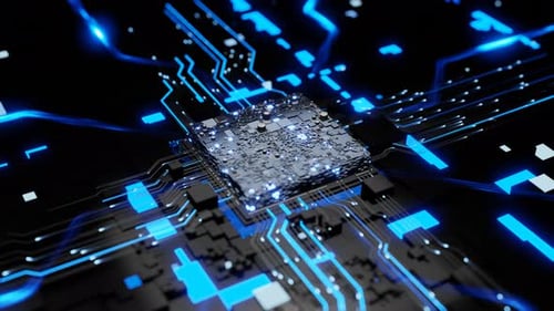 Futuristic Dynamic CPU Concept: Processor Chip on Black Circuit Board with Glowing Blue Microchips
