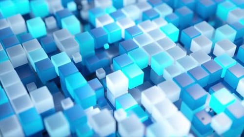 Abstract Animation of Blue and White Cubes Moving Smoothly Creating a Visually Appealing and Dynamic