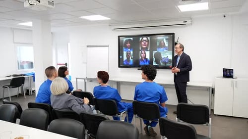 Medical Professionals in a Meeting with Teleconference Call