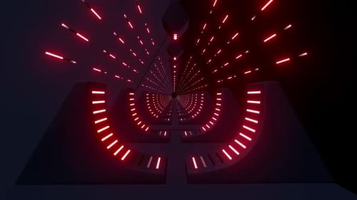 Tunnel de lumière rouge futuriste avec une perspective infinie et des éléments lumineux