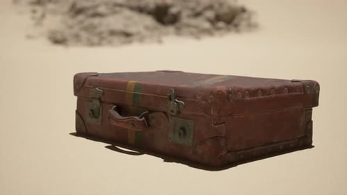 Vintage Leather Suitcase Rotating on Desert Sand