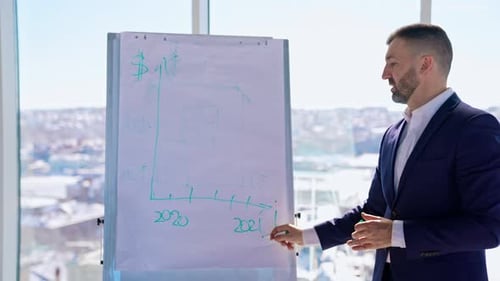 Businessman writing on a board with marker.