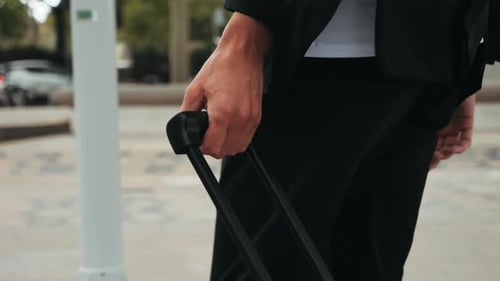Tourist Man with Suitcase Baggage in Spain A Traveler with Luggage Suit Jacket on Business Street Go