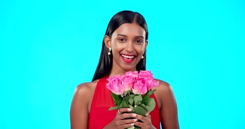 Woman Holding Roses Bouquet on Blue Background