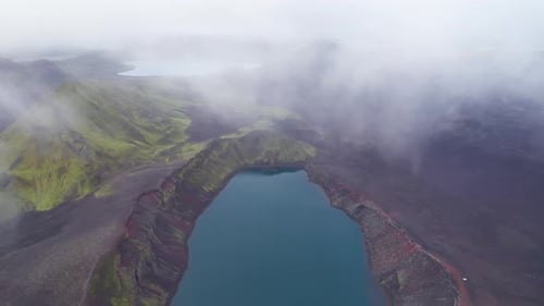 Epic Crater Lake Wide Drone Iceland Clouds Down Beautiful Landscape Ljotipollur Crater Blue Lake