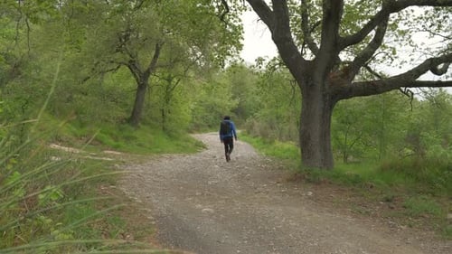 Man with backpack hiking walking in mountain road