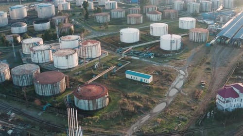 Aerial View of Oil and Gas Steel Storage Tanks of Oil and LPG Petrochemical Oil Tank Farm for Gas