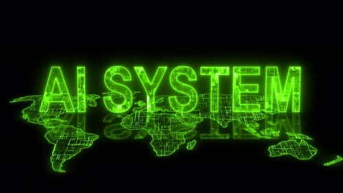Système d'IA 3D, technologie de texte, animation de carte de la Terre, vert, brillant