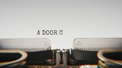 Old mechanical typewriter typing A Door Creaked Open Slowly in a close-up view.