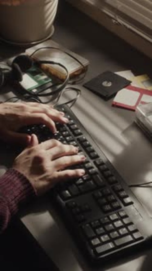 Código de digitação vertical do programador irreconhecível no computador antigo