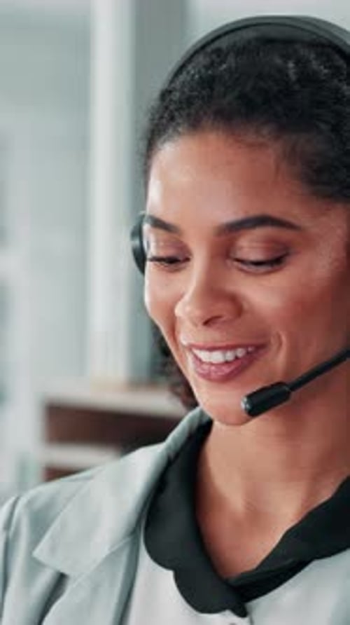 Headset, woman and customer service agent in office with communication, contact us or helpdesk