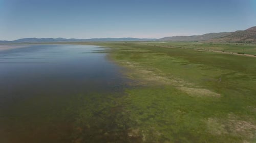 Nevada lake landscape aerial view of marshy shore and desert terrain from helicopter