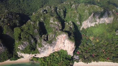 Birdseye Aerial View on Steep Cliffs Over Exotic Sandy Beach. Tropical Paradise of Thailand, Southea