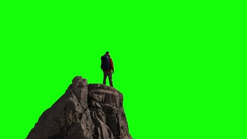 Adventure Man Hiker Standing on Top of Mountain Peak Composite Cutout with Green Screen