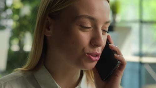 Smiling Caucasian Businesswoman Entrepreneur Girl Talking Mobile Phone at Office Happy Woman Manager