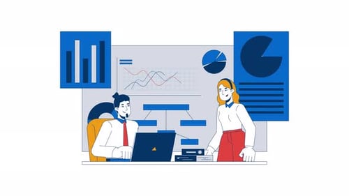 Líderes diversos discutindo gráficos, animação 2D