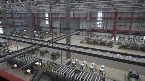CNC Machinery and Assembly Lines in Industrial Plant 3D Animation Panning Shot