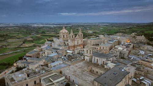 Aerial drone view of Mdina old town and castle, Malta.