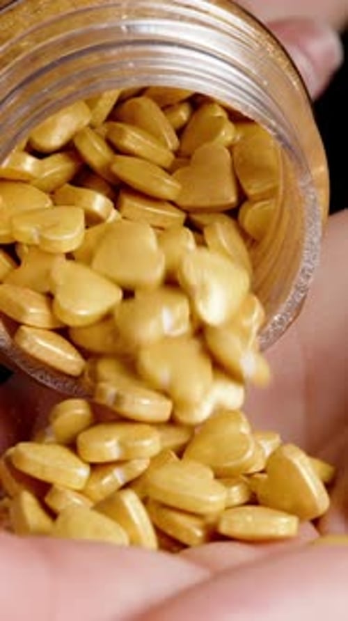 Vertical video. Golden small heart-shaped candies, a woman pours them into her hand from a jar.