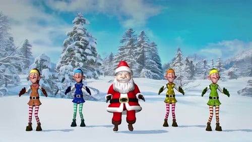 Animated Santa and Elves Dancing in a Snowy Christmas Wonderland