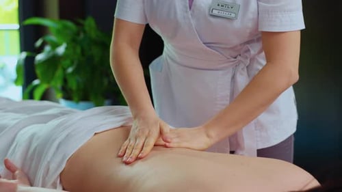 Shot of Young Unrecognizable Female Masseuse Massaging Young Brunette Woman s Back at Spa Center