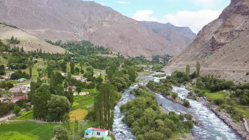 Aerial View Of River flowing through Skardu Valley in Gilgit Baltistan, Pakistan. Pull back Shot