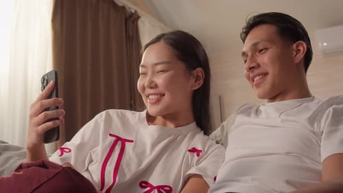 Happy Couple Talk Video Call with Family Online Communication with Cell Phone