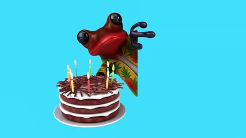 Divertida rana de dibujos animados en 3D con una tarta de cumpleaños (con canal alfa)