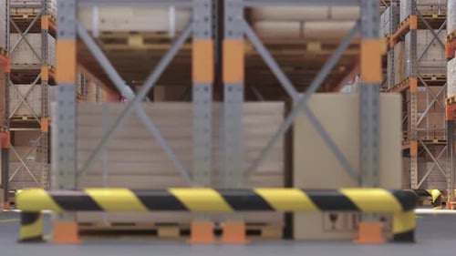 Forklift with Cardboard Boxes Drives Through Retail Warehouse and Row of Shelves with Goods