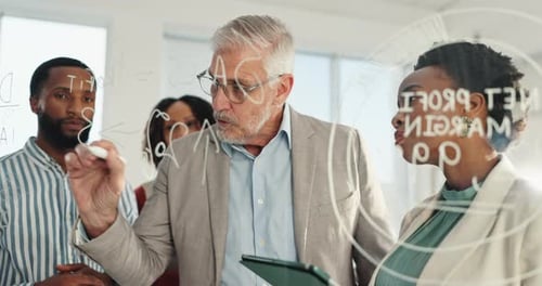 Planning, ideas and business people with manager at glass wall for collaboration