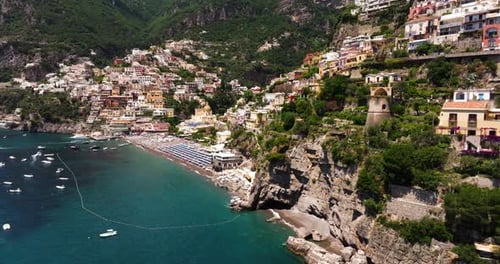 Amazing Drone Shot Above Positano, Amalfi Coast. Scenic Aerial View. Top Italian Tourist Destination