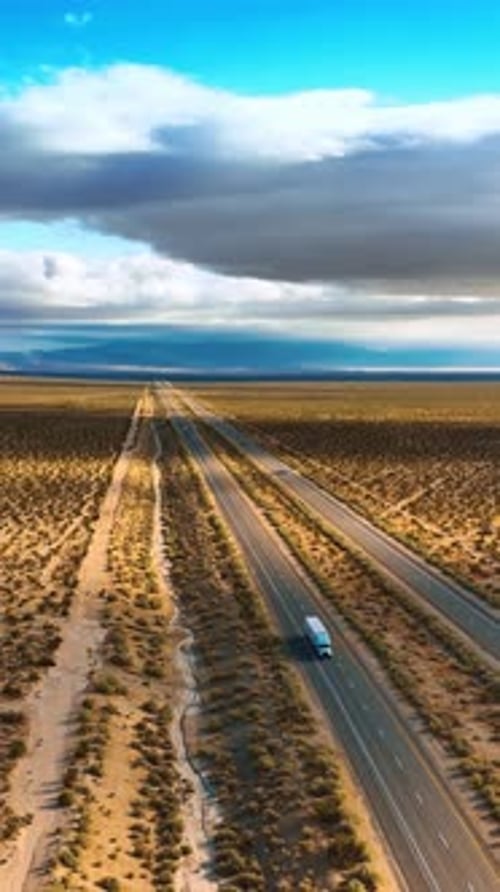 Amazing view of the desert crossed by the highways. Some cars move by the roads