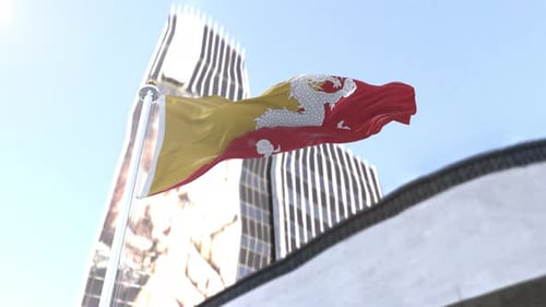 Realistic Bhutan Flag Waving Against Modern City Skyline