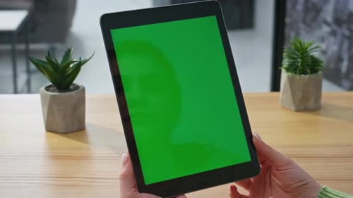 Lady Hands Holding Chromakey Pad at Office Closeup Woman Using Mockup Tablet