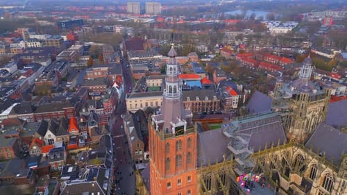 Orbit over Den Bosch historic city centre with basilique streets and medieval architecture