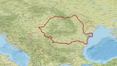 Animated Zoom-in Map of Romania with Red Highlighted Border