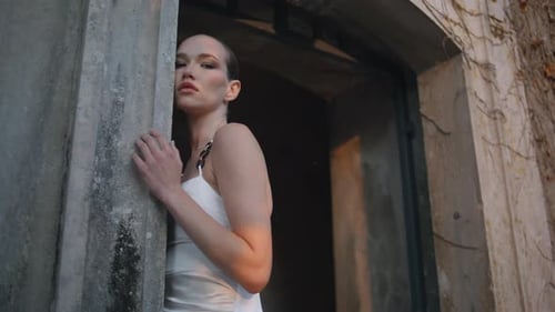 Luxurious Lady Touching Wall Old Medieval Building at Autumn Girl Posing Castle