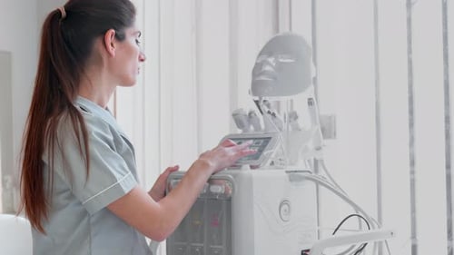 Female Cosmetologist Using Modern Hydrofacial Machine in Modern Clinic