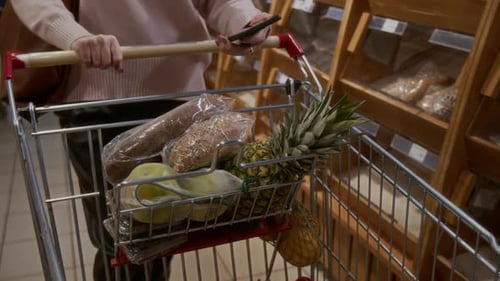Woman Pushing Shopping Cart in Supermarket Holding Phone
