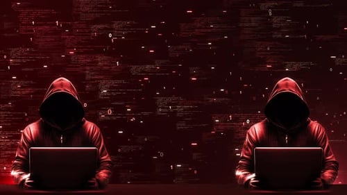 Un pirate informatique utilisant un concept de cyberattaque sur un ordinateur portable, une animation, un code flottant et un environnement numérique binaire rouge