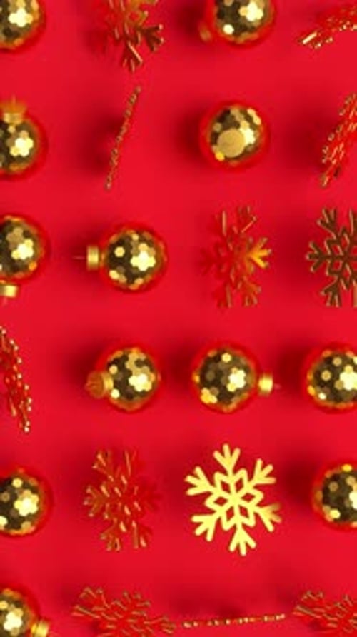 Golden Christmas rotating balls and snowflakes on red background.