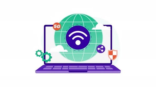 Animated Laptop Displaying 5G Network and Security Icons