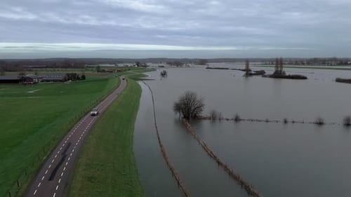 High water and flooded land along the river Nederrhine