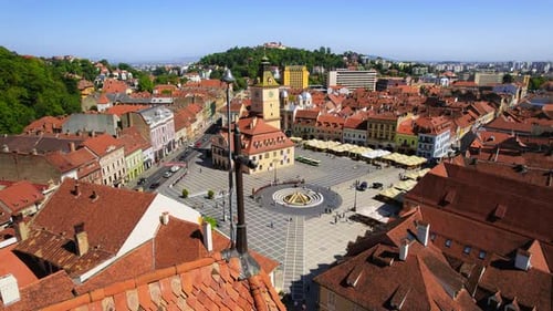 Aerial drone view of The Council Square in Brasov, Romania. Old city centre with County Museum of Hi