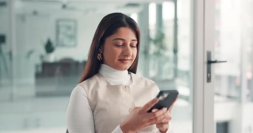 Phone, contact and businesswoman in office for typing email with communication on mobile app